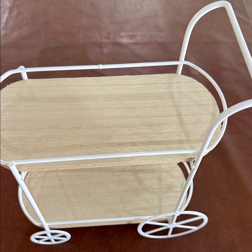 Wood Top White Metal Two-Tier Rolling Cart
